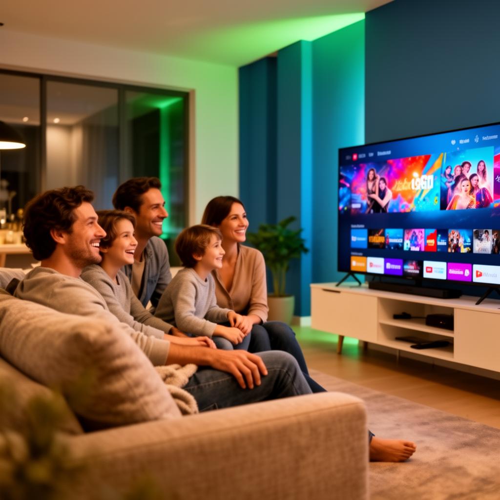 Família assistindo Smart TV com streaming
